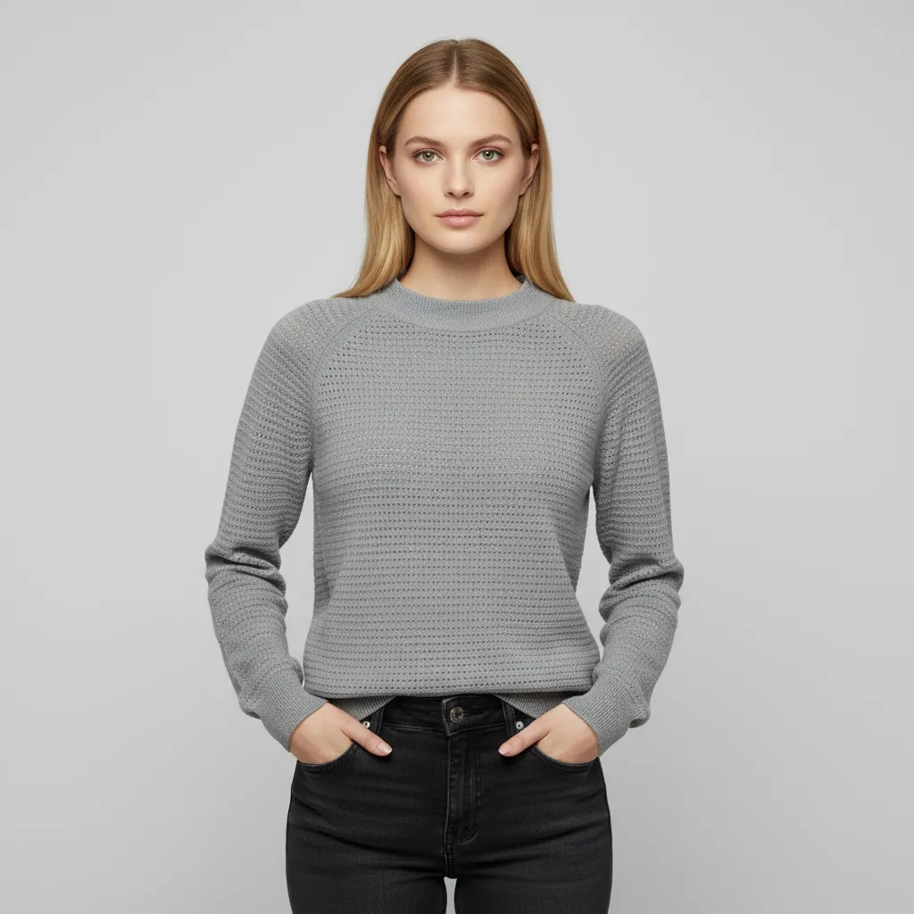 Women's Grey Openwork Knit Crew Neck Sweater (Textured Mesh Pattern)