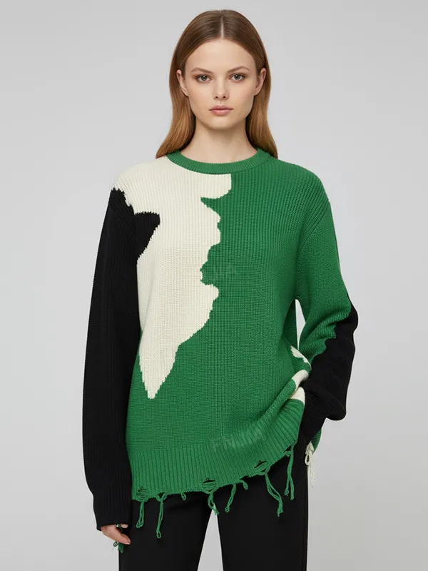 Women's Green/Black/White Abstract Knit Sweater (Oversized Fit, Fringed Hem)