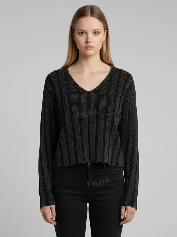 Women's Charcoal Striped Rib-Knit V-Neck Cropped Sweater