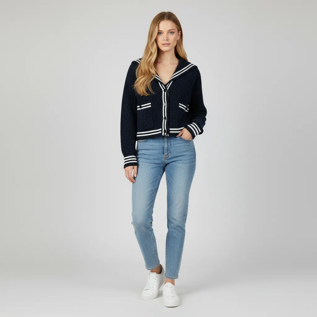 Women's Navy Sailor Collar Cropped Knit Cardigan with Contrast Stripes
