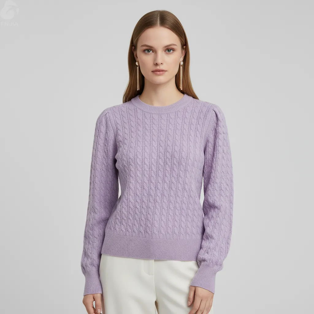 Women's Lavender Cable-Knit Sweater (Puff Sleeves, Cropped Fit)