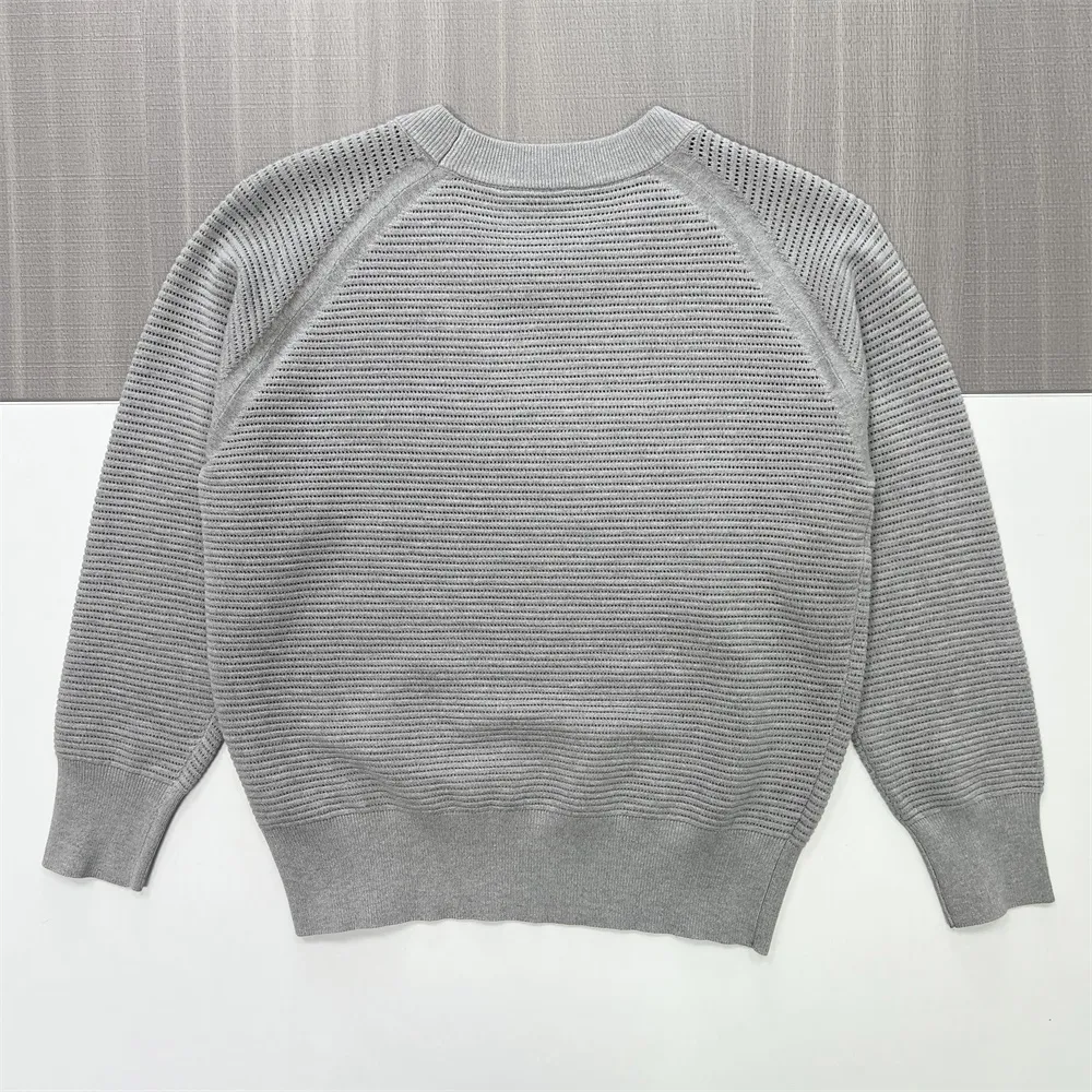 Women's Grey Openwork Knit Crew Neck Sweater (Textured Mesh Pattern)