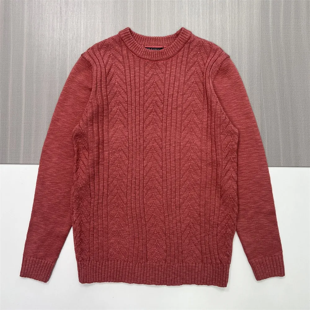 Women's Burgundy Cable-Knit Sweater (Crew Neck, Textured Chevron Pattern)