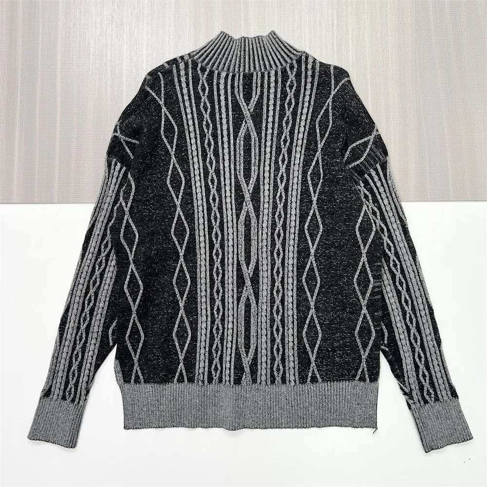Women's Black & Grey Cable-Knit Turtleneck Sweater (Geometric Pattern)