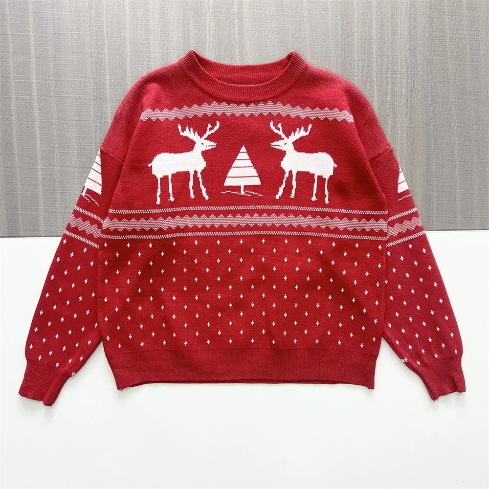 Women's Red Christmas Reindeer & Tree Print Knit Sweater