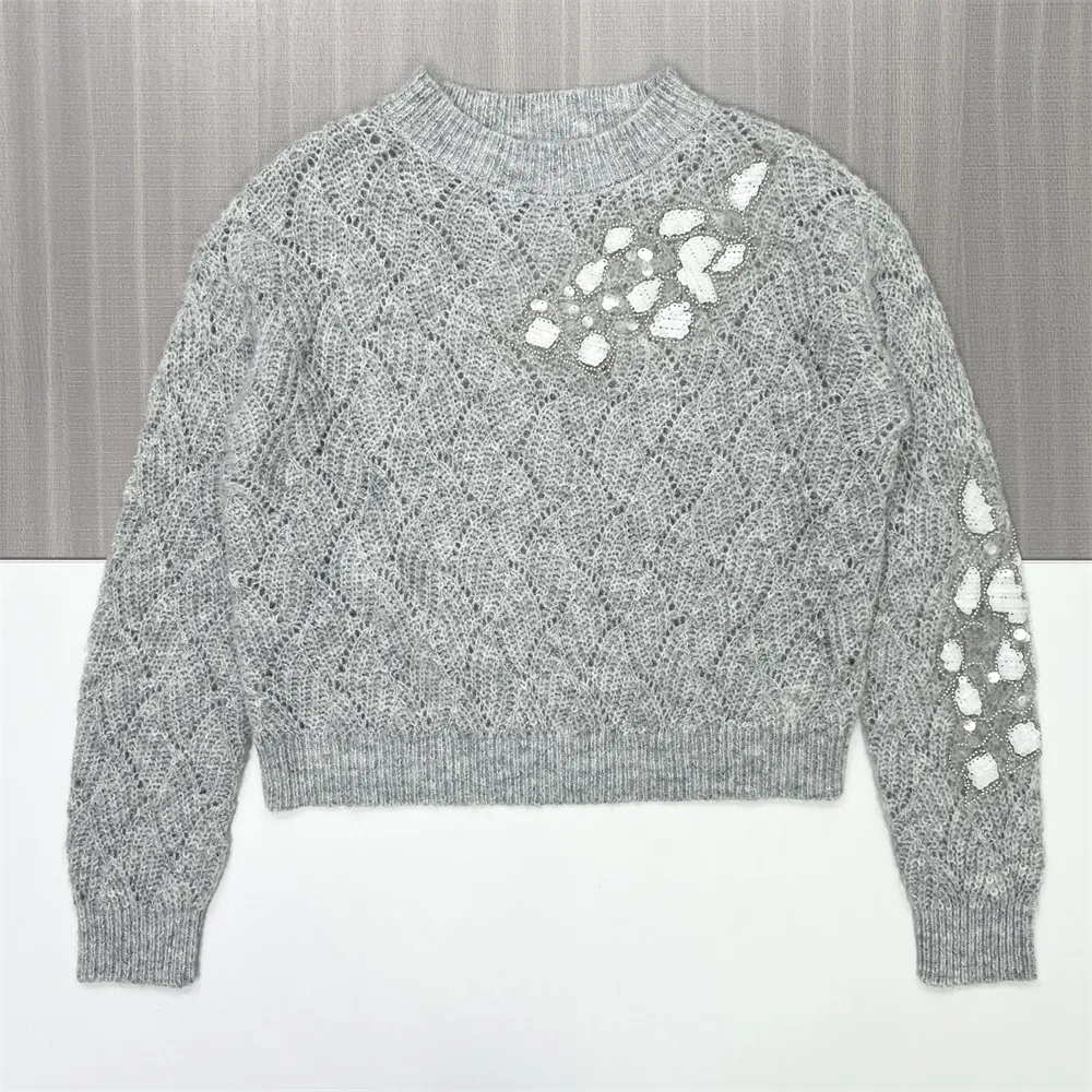 Women's Grey Openwork Knit Sweater with Embellished Floral Detail
