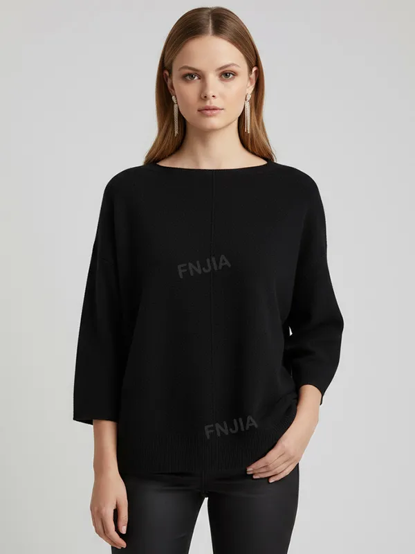 Women's Black Boat Neck Knit Sweater (Oversized Fit, 3/4 Sleeve Design)