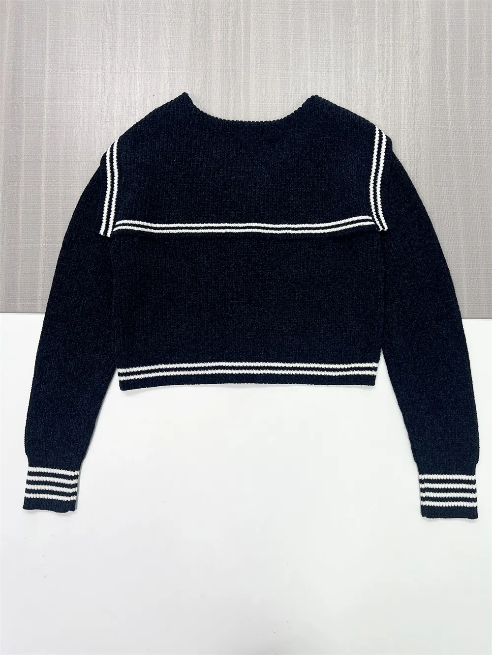 Women's Navy Sailor Collar Cropped Knit Cardigan with Contrast Stripes