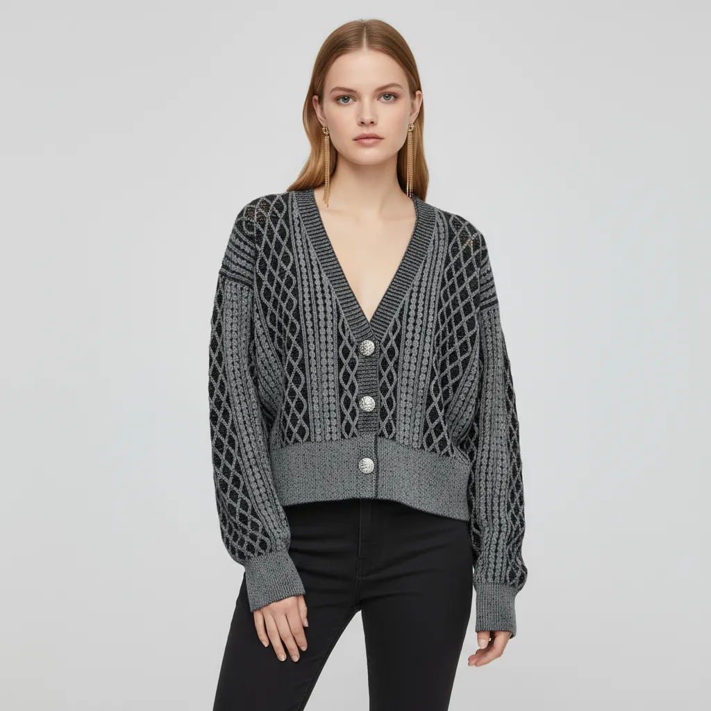 Women's Grey & Black Diamond Pattern V-Neck Cropped Knit Cardigan