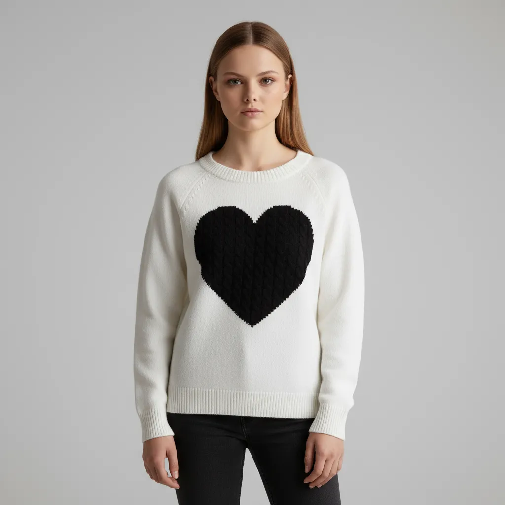 Women's White & Black Heart Cable-Knit Sweater (Crew Neck, Relaxed Fit)