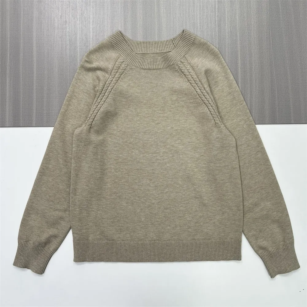 Women's Beige Crew Neck Knit Sweater (Shoulder Cable Detail, Slim-Fit Design)