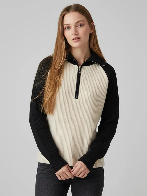 Women's Beige & Black Contrast Rib-Knit Quarter-Zip Polo Collar Sweater