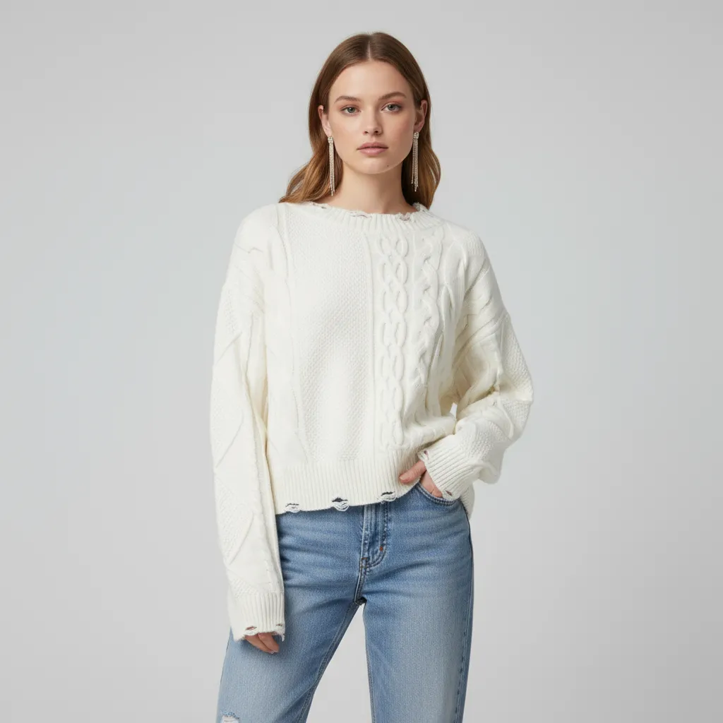 Women's Ivory Cable-Knit Sweater (Oversized Fit, Distressed Fringe Hem)