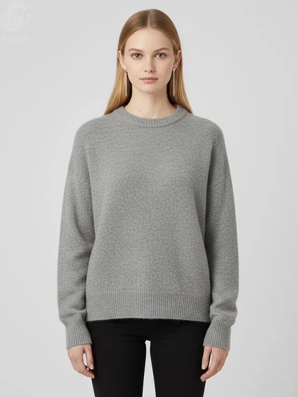 Women's Heather Grey Crew Neck Knit Sweater (Oversized Fit, Soft Texture)