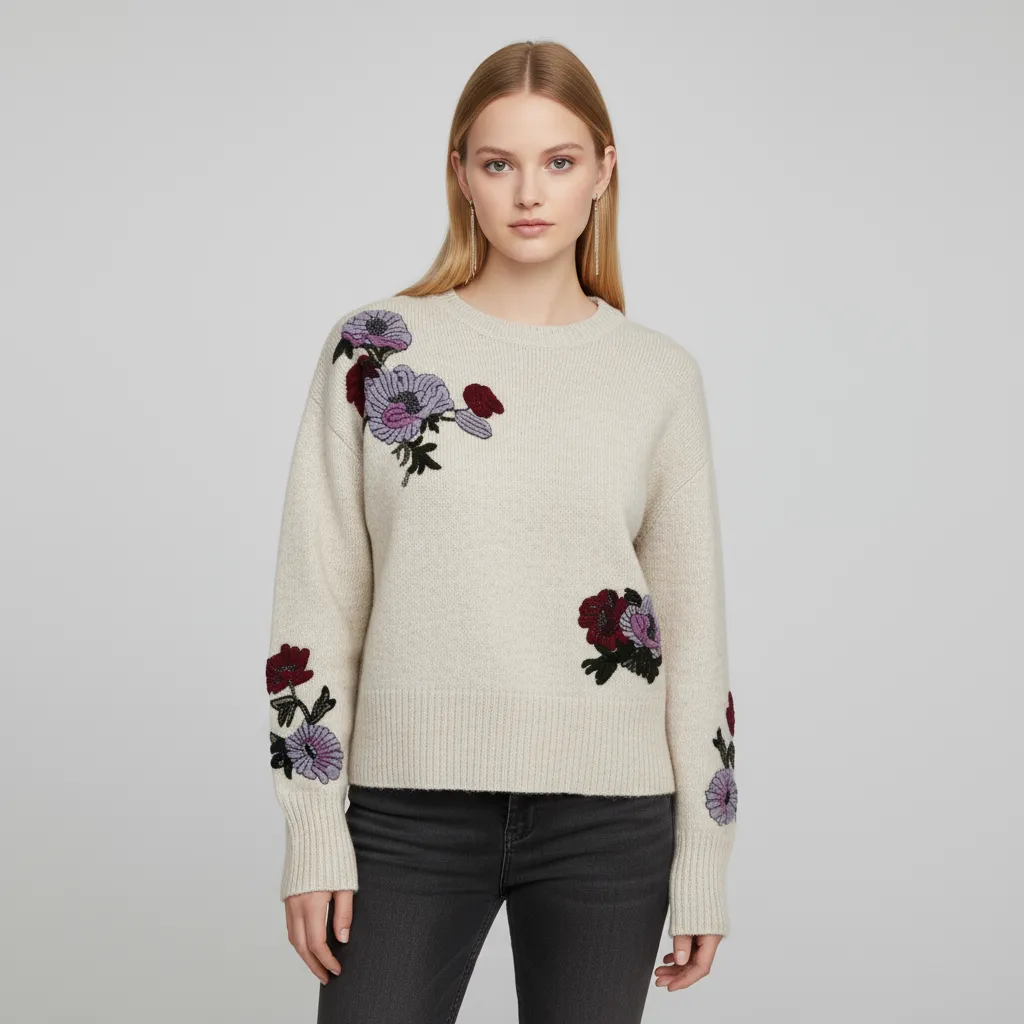 Women's Beige Knit Sweater with Floral Embroidery (Purple & Red Motif)