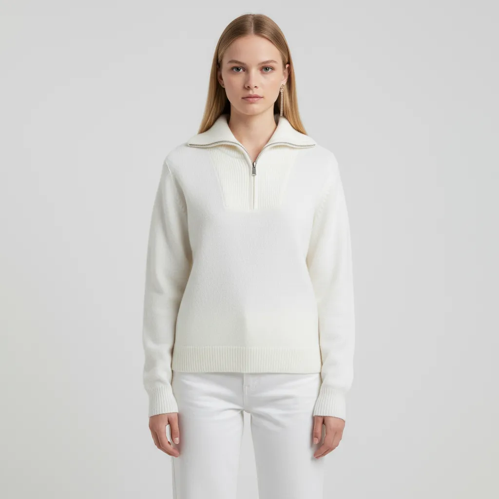 Women's Ivory Rib-Knit Quarter-Zip Polo Collar Sweater