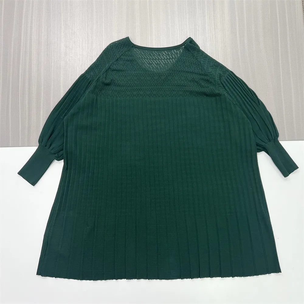 Women's Forest Green Knit Tunic (Oversized Fit, Pleated Sleeves & Openwork Detail)