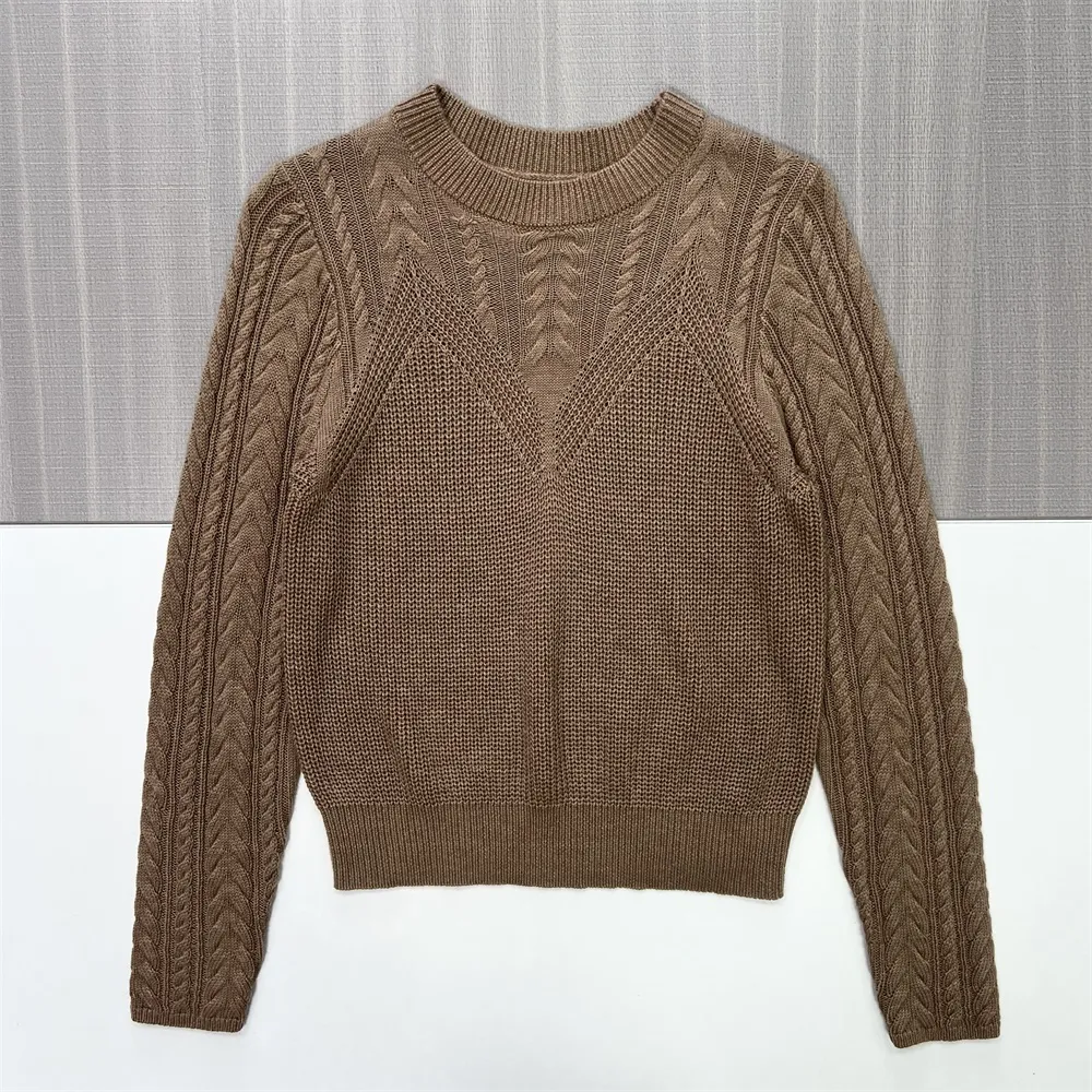 Women's Brown Cable-Knit Crew Neck Sweater (Textured Pattern Design)