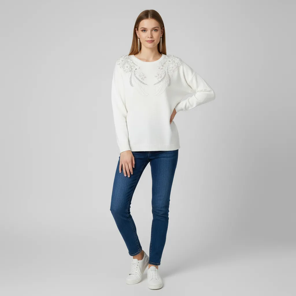 Women's White Knit Sweater with Elegant Shoulder & Chest Embellishments
