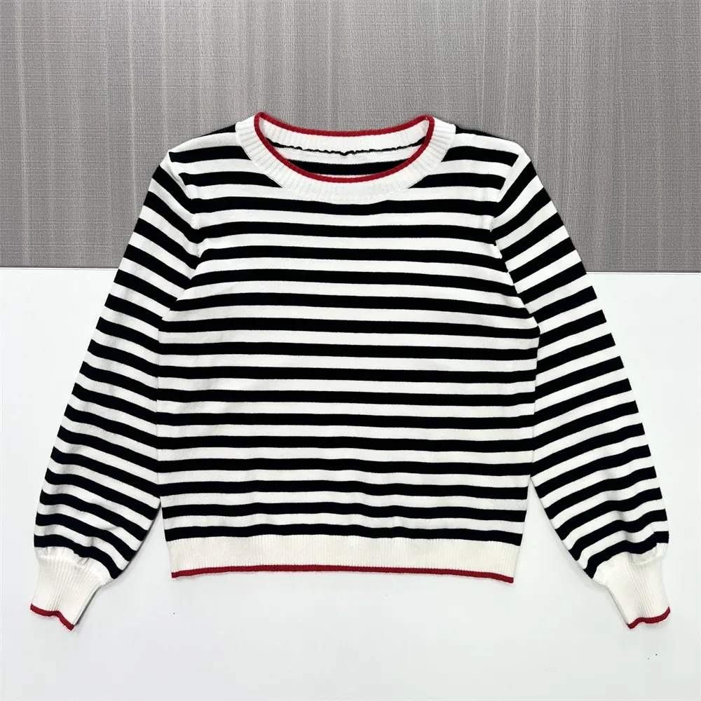 Women's Black & White Striped Knit Sweater (Crew Neck, Contrast Red Trim)