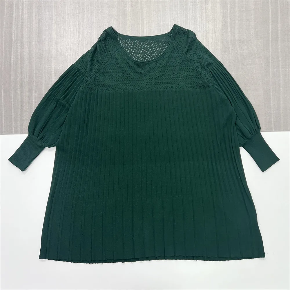 Women's Forest Green Knit Tunic (Oversized Fit, Pleated Sleeves & Openwork Detail)