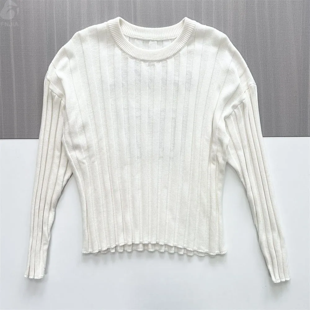 Women's White Rib-Knit Cropped Sweater (Crew Neck, Slim-Fit Long Sleeve)