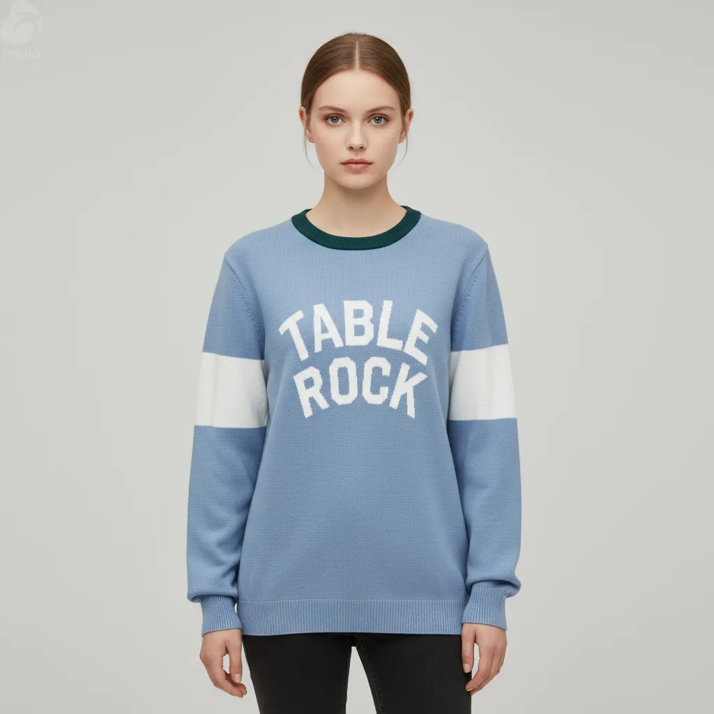 Women's Light Blue Varsity Graphic Knit Sweater (Crew Neck, Contrast Striped Sleeve)
