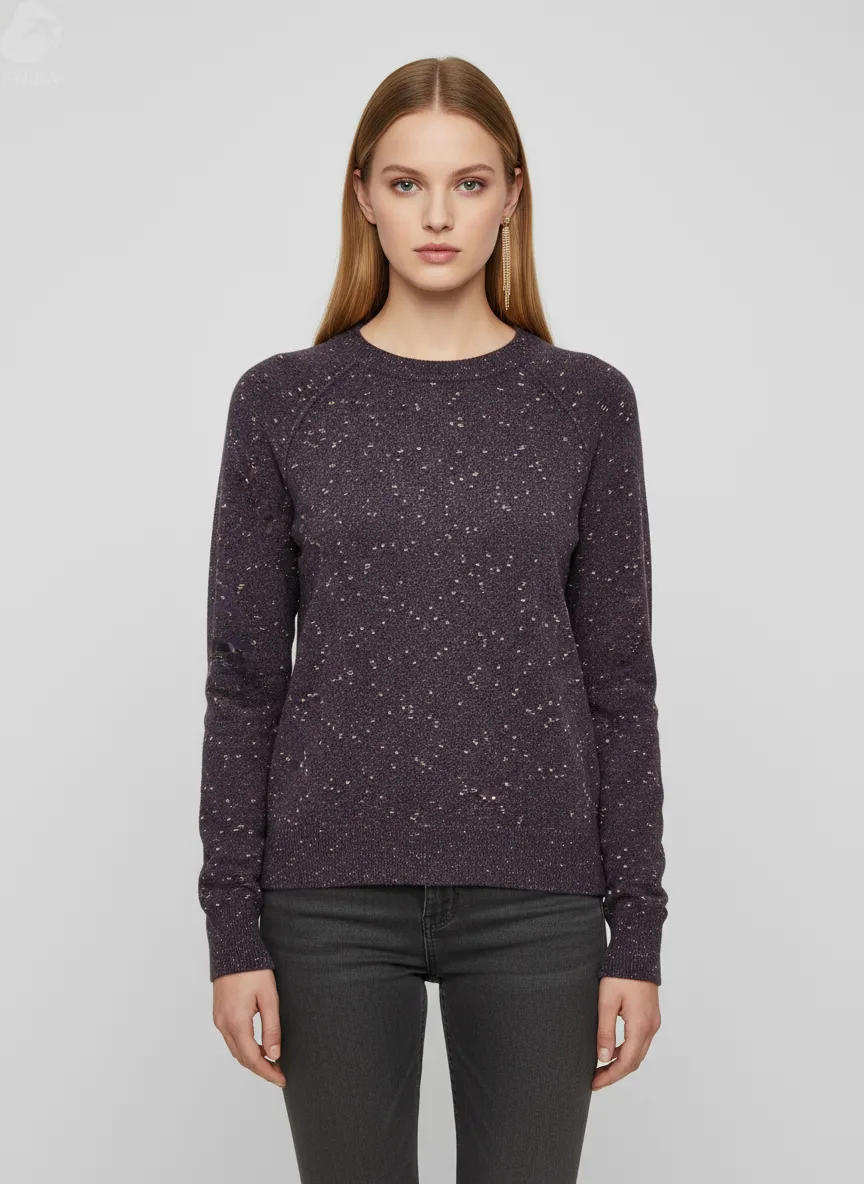 Women's Plum Speckled Knit Sweater (Crew Neck, Raglan Sleeve Relaxed Fit)