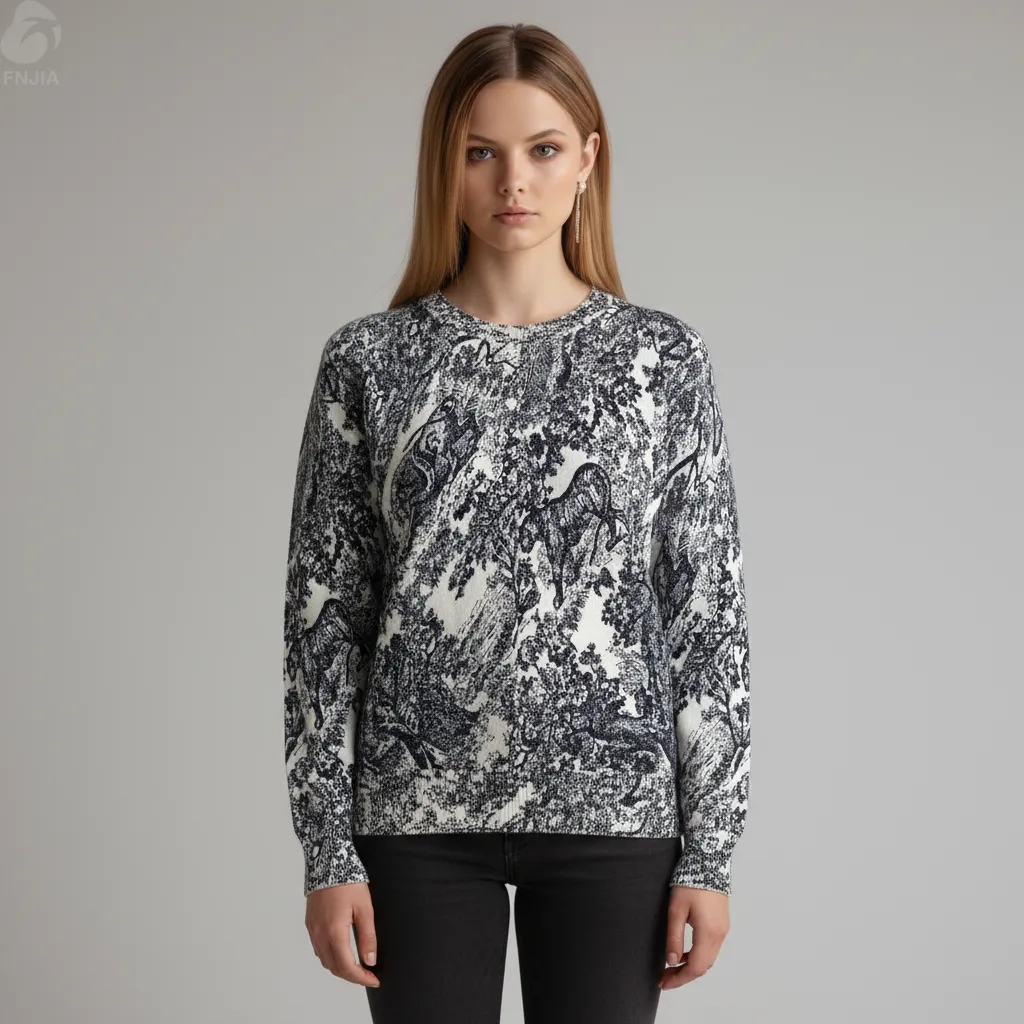 Product Title：Women's Black & White Forest Animal Print Knit Cardigan