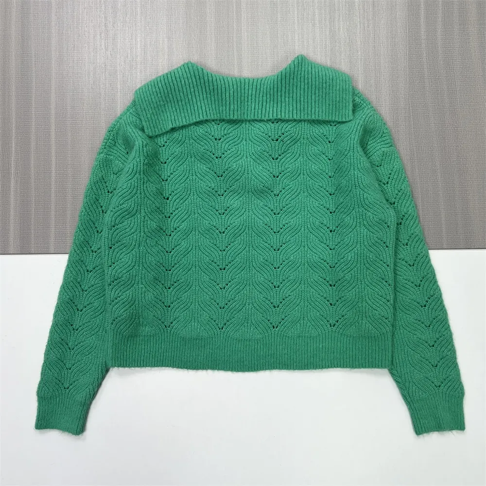 Women's Green Openwork Knit Cropped Sweater with Polo Collar