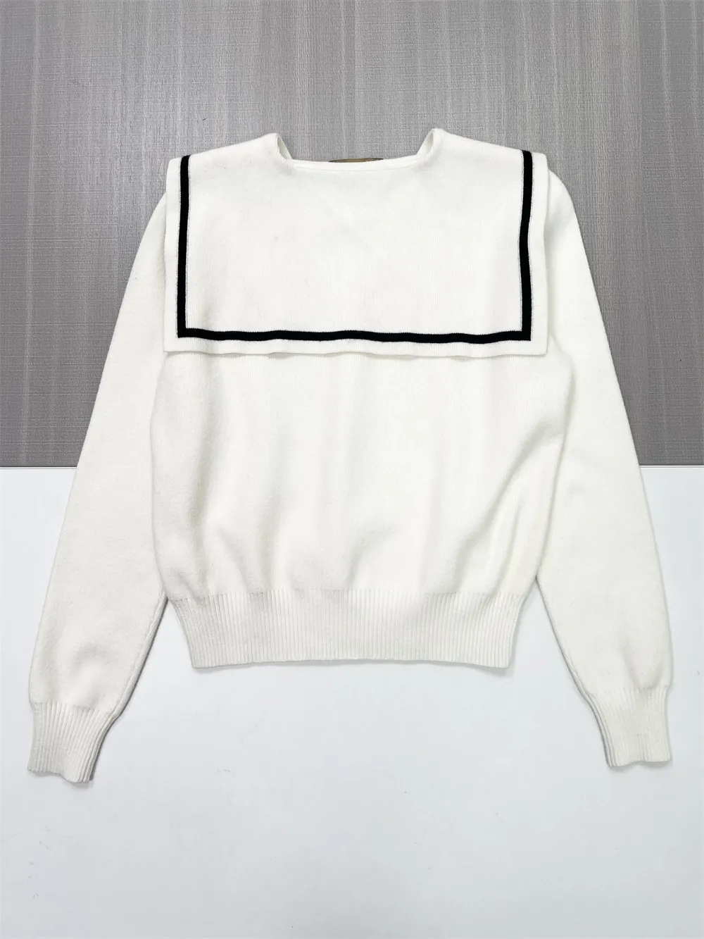 Women's White Sailor Collar Knit Sweater with Contrast Trim & Emblem Detail
