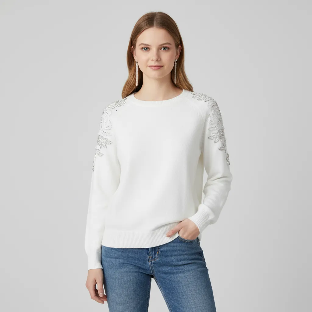 Women's White Knit Sweater with Shimmery Shoulder Embroidery