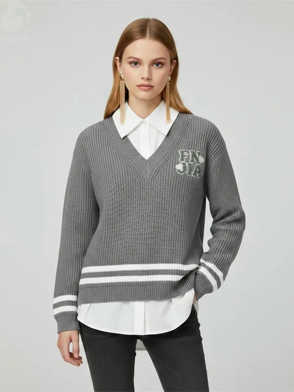 Women's Grey Rib-Knit Layered Shirt-Collar Sweater with Brand Embroidered Detail