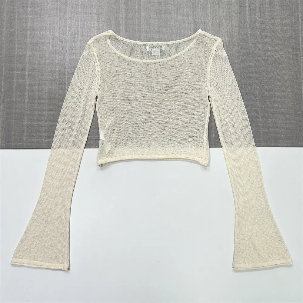 Women's Ivory Sheer Knit Top (Crop Fit, Flared Bell Sleeves & Boat Neck)
