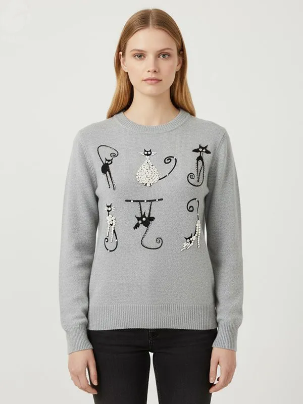 Women's Heather Grey Cat Embellished Knit Sweater (Crew Neck, Playful Beaded Design)