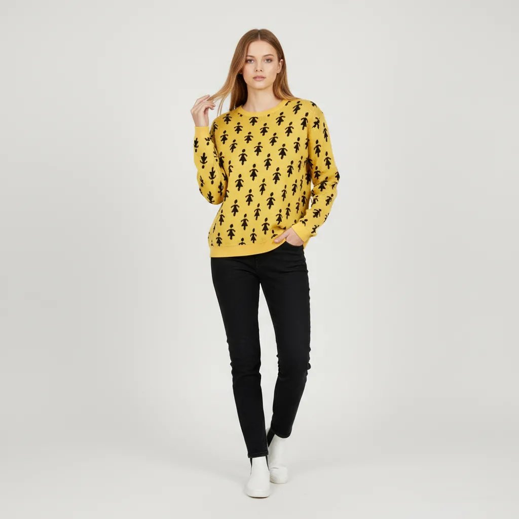 Women's Mustard & Black Figure-Print Knit Sweater (Crew Neck, Oversized Relaxed Fit)