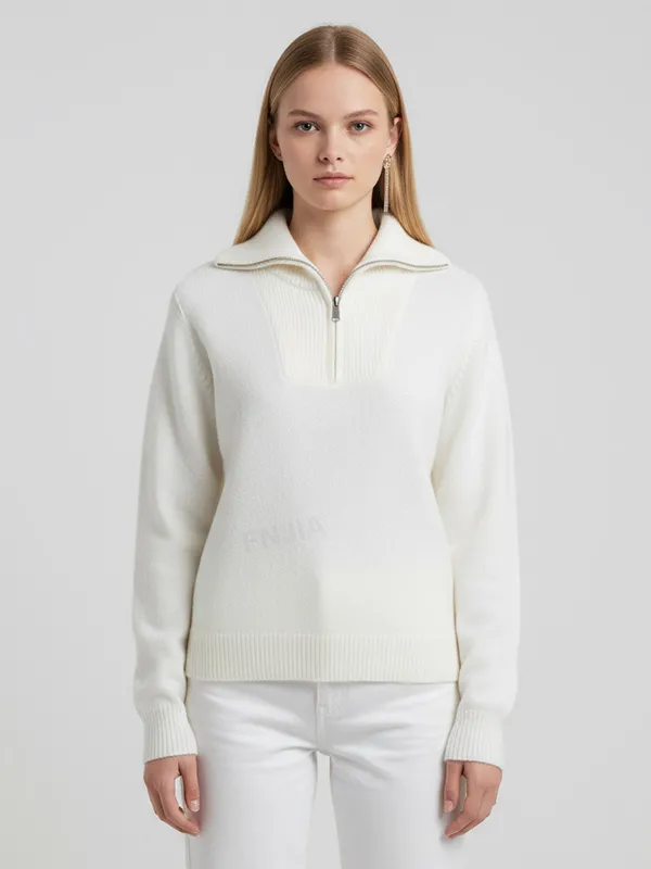 Women's Ivory Rib-Knit Quarter-Zip Polo Collar Sweater