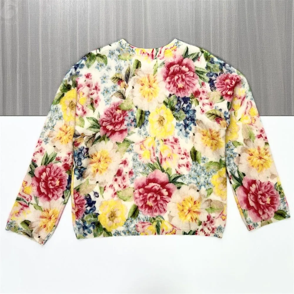 Women's Floral Print Fleece-Knit Long-Sleeve Top (Vibrant Peony Pattern)