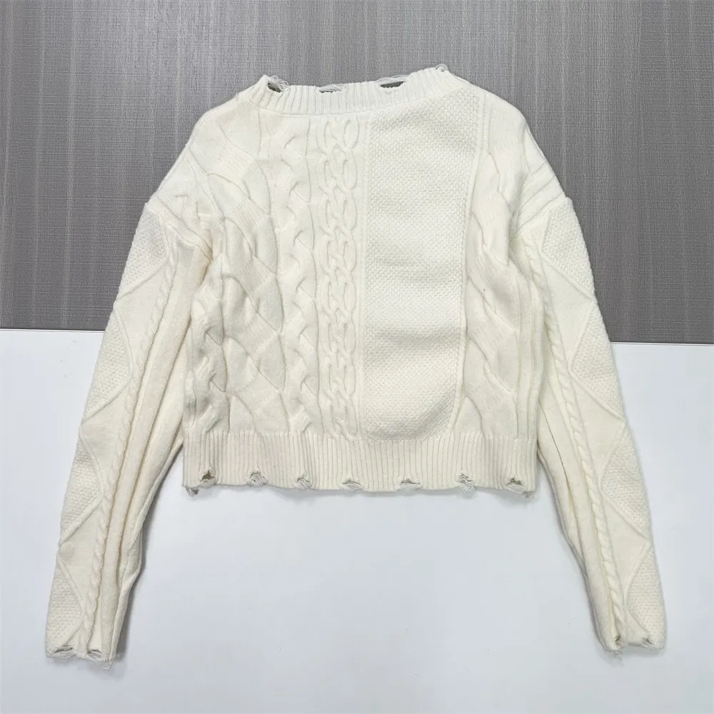 Women's Ivory Cable-Knit Sweater (Oversized Fit, Distressed Fringe Hem)
