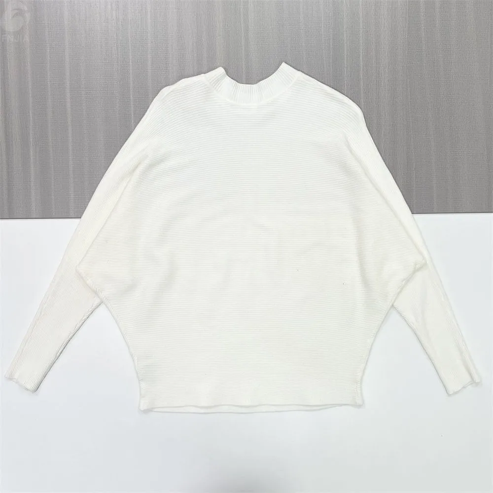 Women's White Rib-Knit Poncho Sweater (Mock Neck, Oversized Batwing Fit)