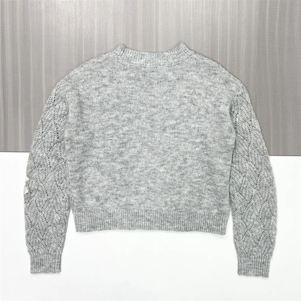 Women's Grey Openwork Knit Sweater with Embellished Floral Detail