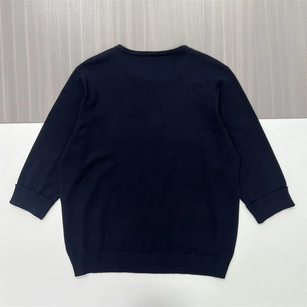 Women's Navy Sequin-Embellished Knit Sweater (Crew Neck, 3/4 Sleeve & Patch Pockets)