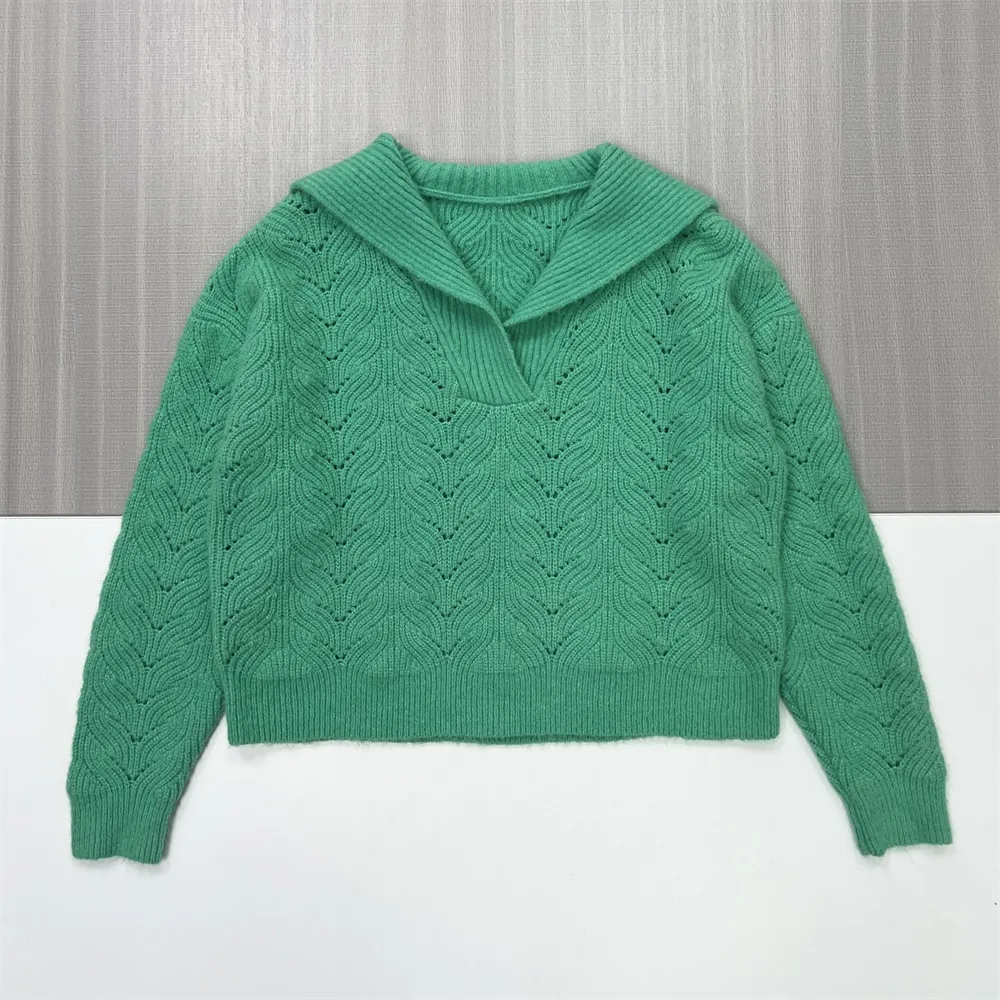 Women's Green Openwork Knit Cropped Sweater with Polo Collar
