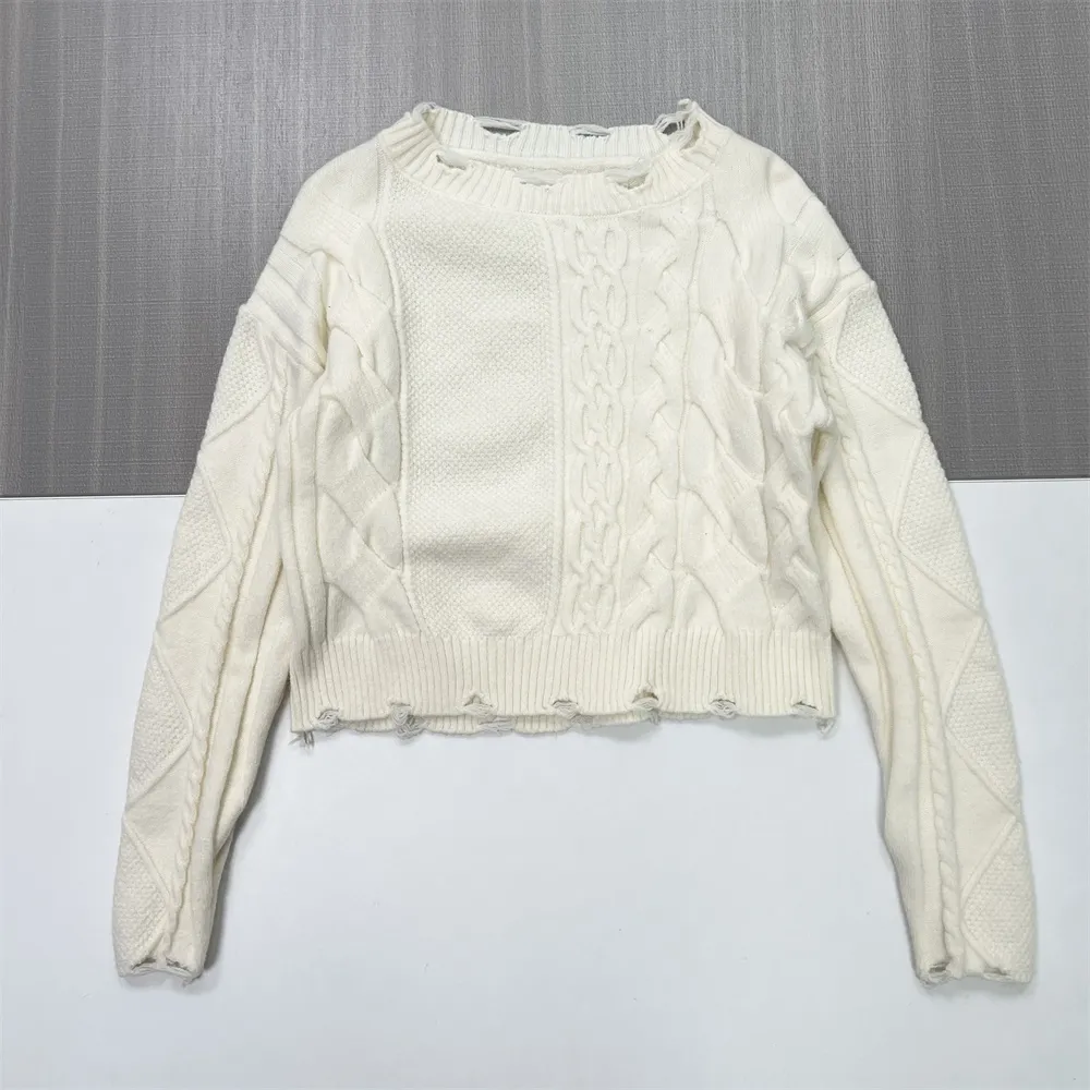 Women's Ivory Cable-Knit Sweater (Oversized Fit, Distressed Fringe Hem)