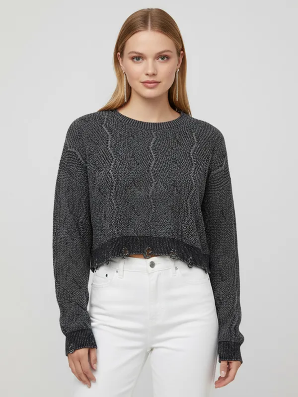 Women's Charcoal Cable-Knit Cropped Sweater with Drawstring Hem Detail
