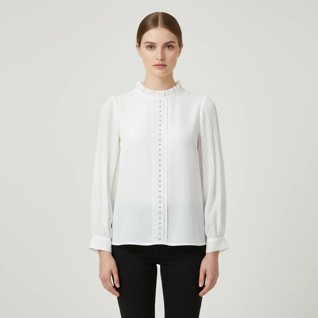 Women's White Ruffled Mock Neck Blouse with Pleated Sleeves & Stud Detail