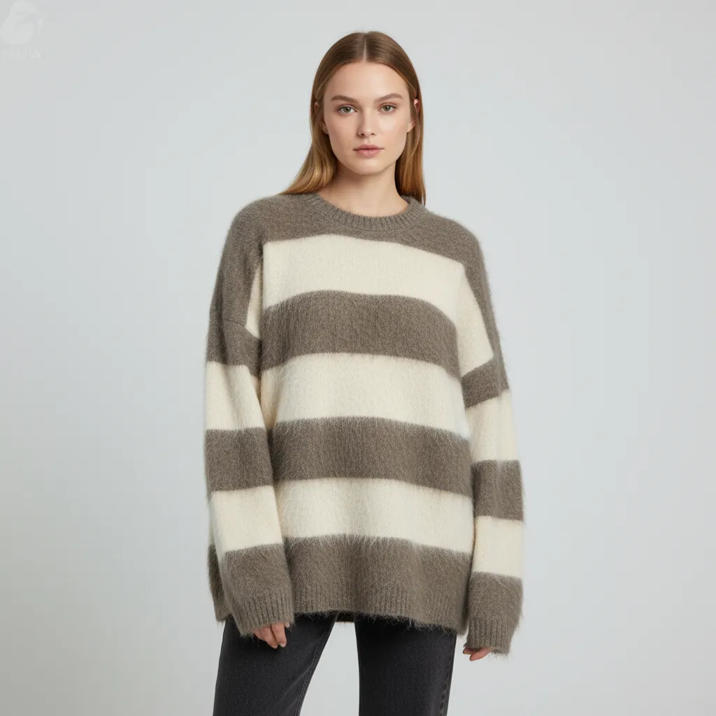 Women's Grey & Cream Striped Fuzzy Knit Sweater (Oversized Fit, Fluffy Texture)
