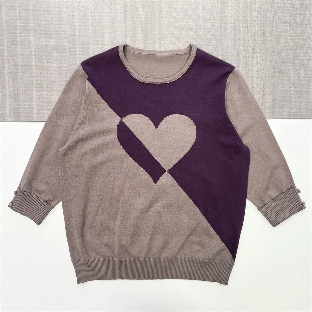 Women's Taupe & Plum Color-Block Heart Knit Sweater (Crew Neck, Button-Cuff 3/4 Sleeve)