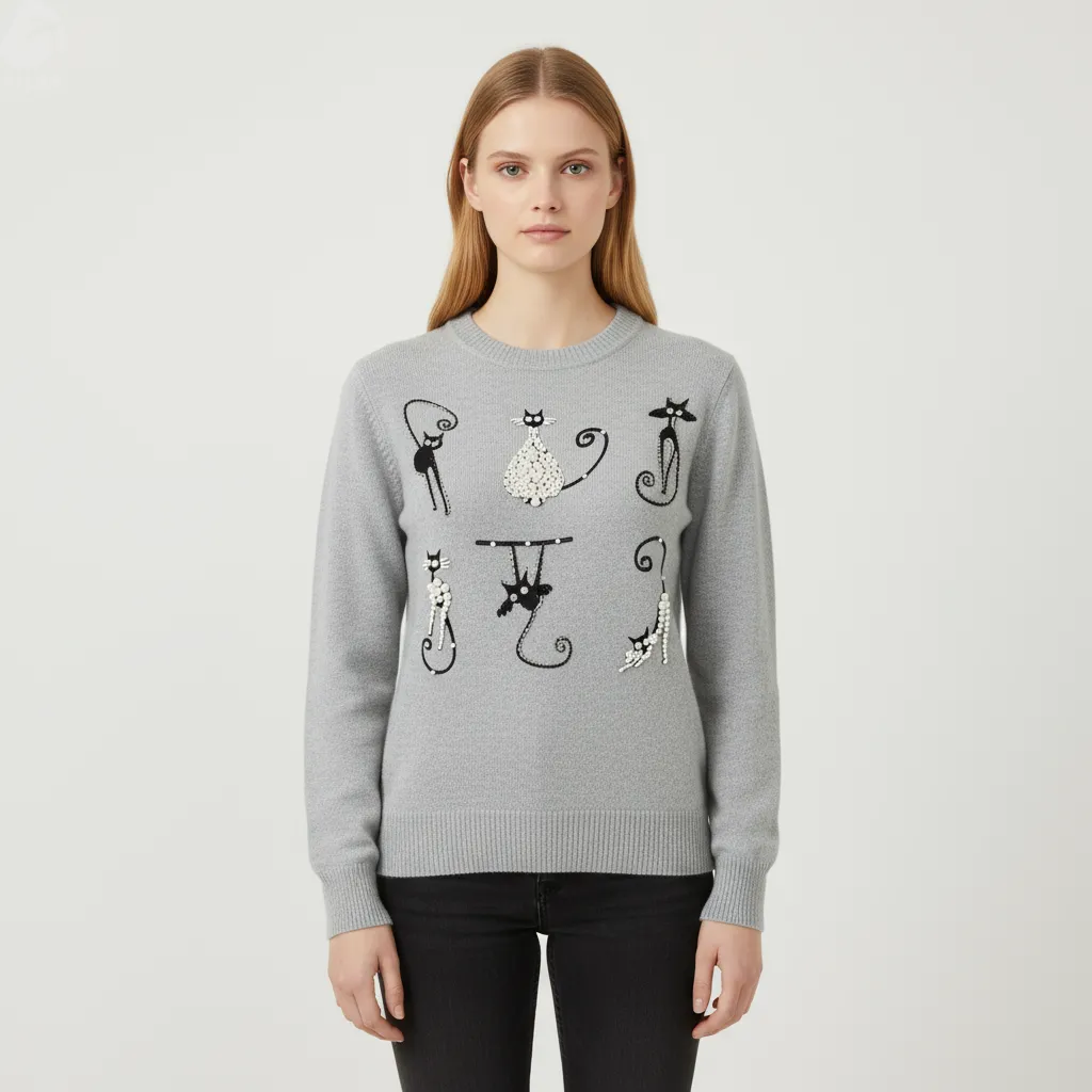 Women's Heather Grey Cat Embellished Knit Sweater (Crew Neck, Playful Beaded Design)