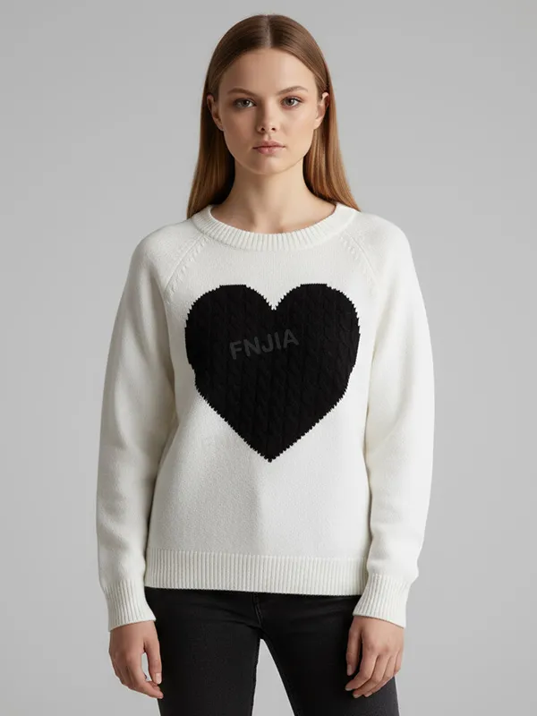 Women's White & Black Heart Cable-Knit Sweater (Crew Neck, Relaxed Fit)